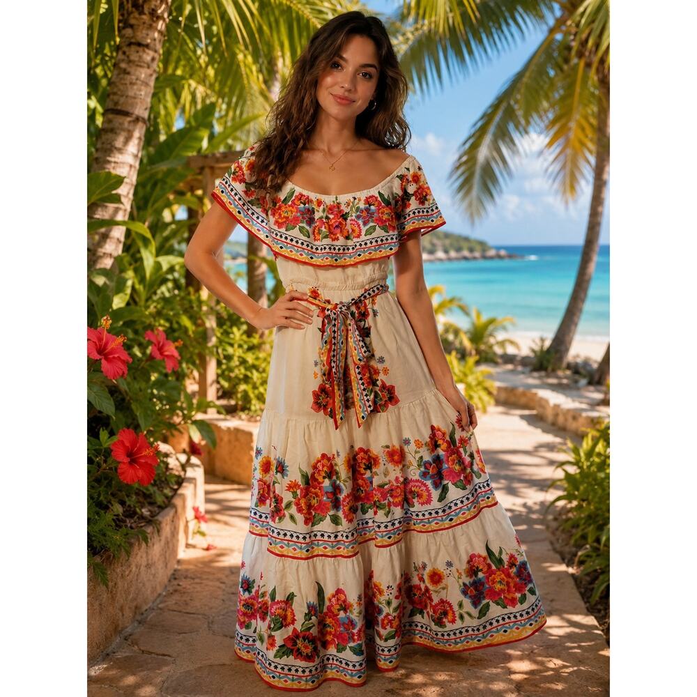 Ivory Floral Tiered Ruffle Peasant Fiesta Vacation Maxi Boho Dress~Size S